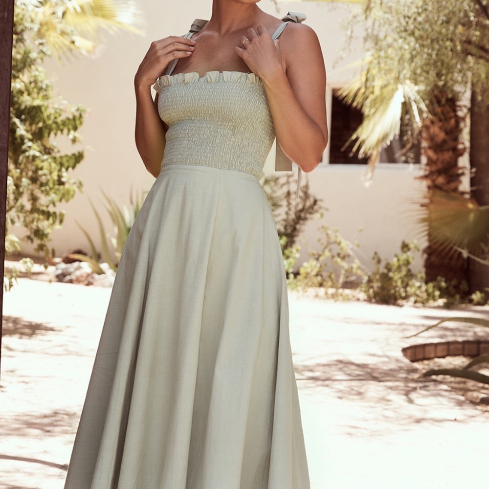 House of CB Pale Sage Green Smocked Midi Dress